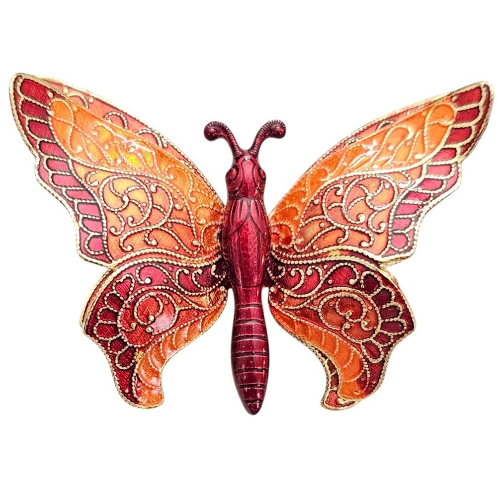 W Germany Butterfly Brooch, Dimensional, Red Wine Orange Enamel Metal Pin L883